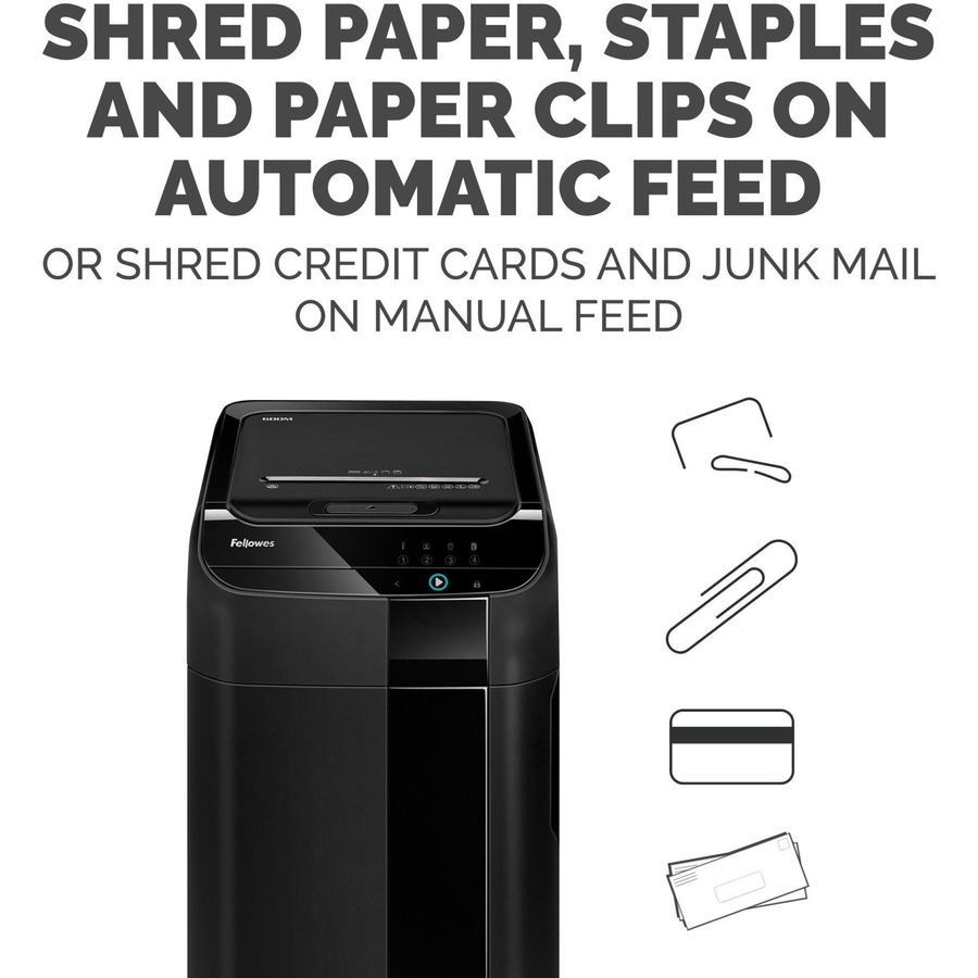 Fellowes® AutoMax 600M 2-in-1 Auto Feed Commercial Paper Shredder with Micro-Cut - Micro Cut - 600 Per Pass - for shredding Staples, Paper Clip, Paper, Credit Card, Junk Mail - 0.078" x 0.547" Shred Size - P-5 - 9" Throat - 22 gal Wastebin Capacity - 