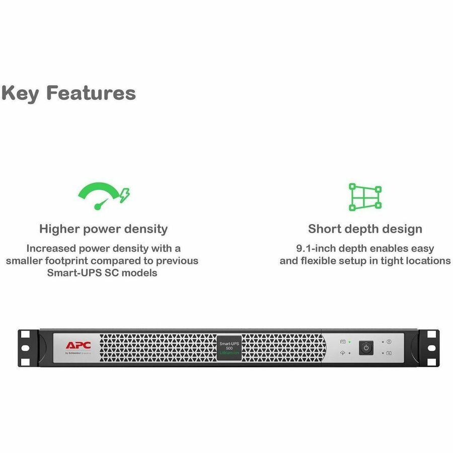 APC Smart-UPS, Line Interactive, 500VA, Lithium-ion, Rackmount 1U, 120V, 4x NEMA 5-15R outlets, SmartConnect Port, Short Depth