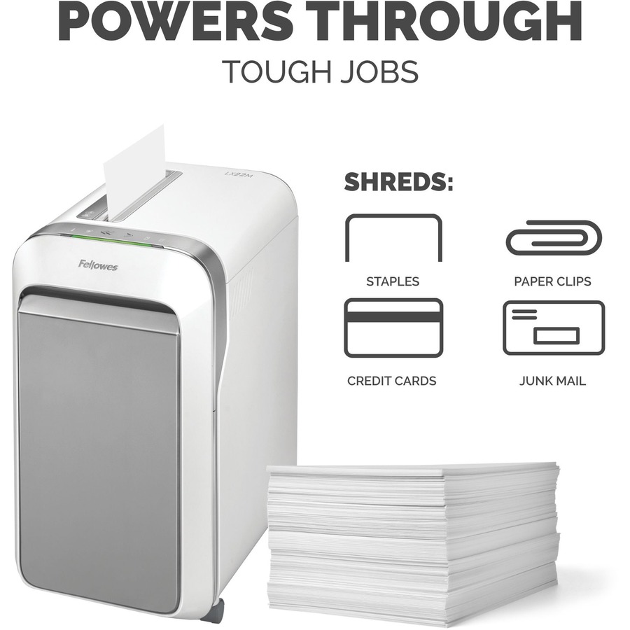 Fellowes Powershred LX220 Micro Cut Shredder - Micro Cut - 20 Per Pass - for shredding Paper, Credit Card, Paper Clip, Staples, Junk Mail - 0.156" x 0.500" Shred Size - P-4 - 7 ft/min - 9" Throat - 20 Minute Run Time - 8 gal Wastebin Capacity - White