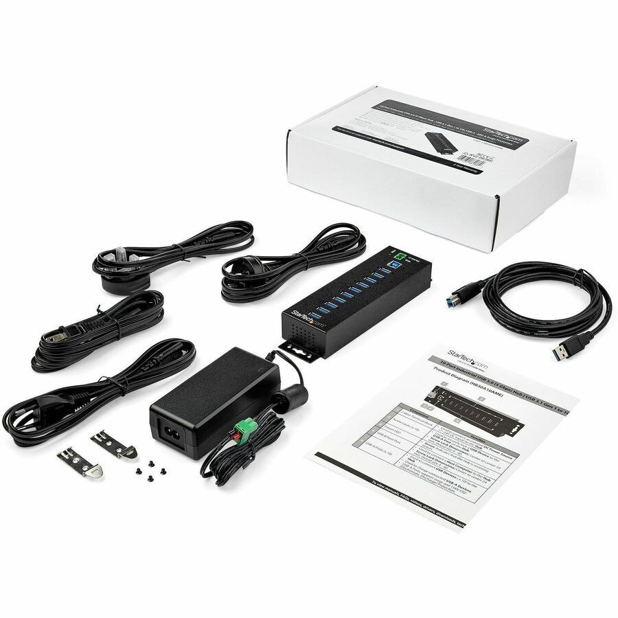 StarTech 10 Port USB Hub w/ Power Adapter, Metal Industrial USB 3.0 Data Hub, Din Rail, Wall & Desk Mount USB 3.2 Gen 1 5Gbps Hub, TAA