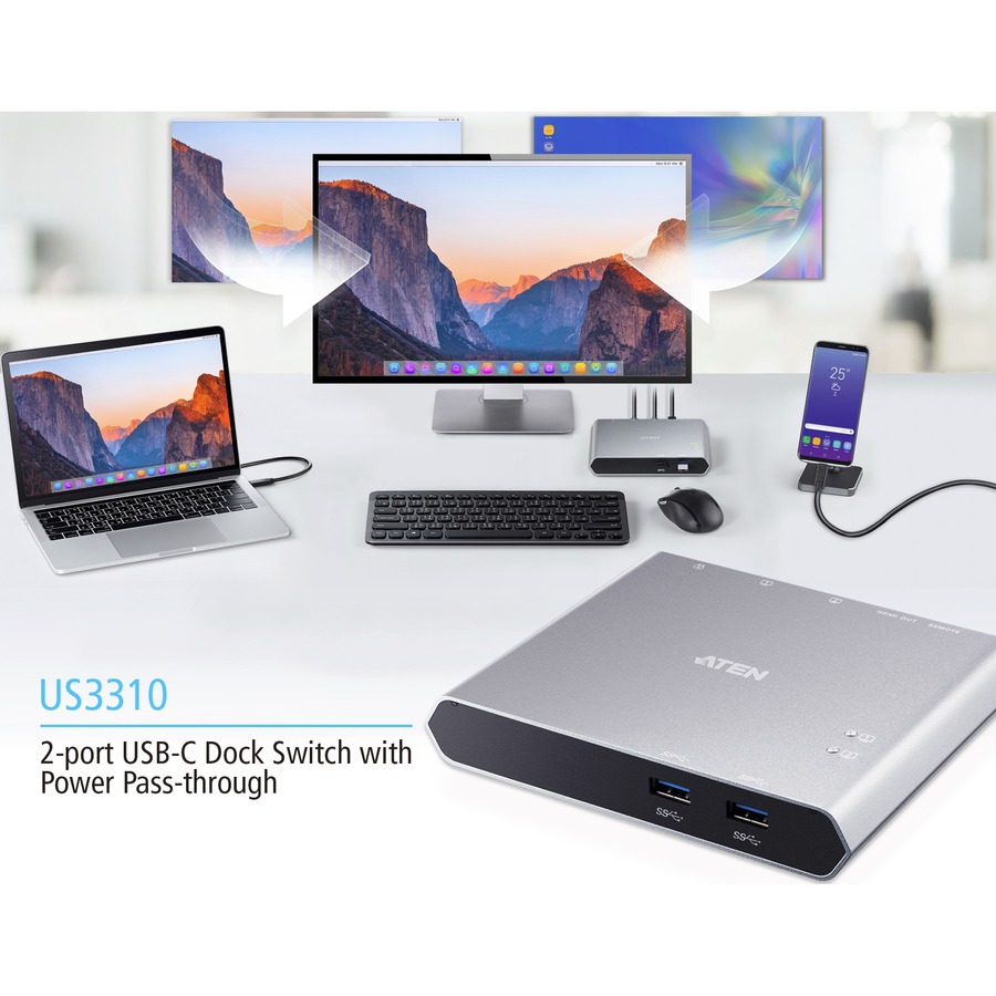 Aten 2-Port USB-C Gen 1 Dock KVM Switch with Power Pass-through