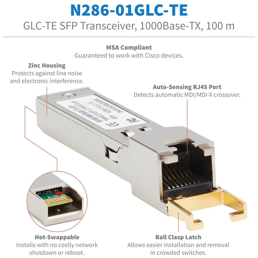 Tripp Lite by Eaton Cisco-Compatible GLC-TE SFP Transceiver - 10/100/1000Base-TX Copper RJ45 Cat6 328.08 ft. (100 m)