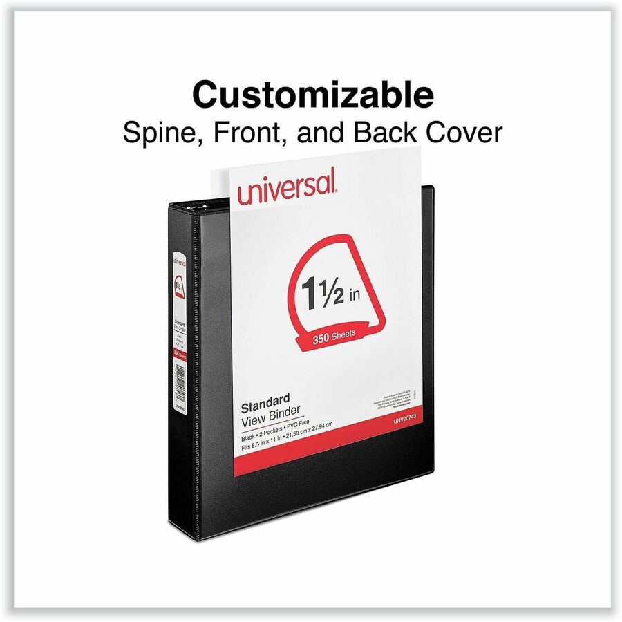 Universal Slant D-Ring View Binder, 3 Rings, 1.5" Capacity, 11 x 8.5, Black - 1 1/2" Binder Capacity - Letter - 8 1/2" x 11" Sheet Size - 375 Sheet Capacity - 3 Ring(s) - Fastener(s): Ring - Pocket(s): 2, Inside Front & Back - Polypropylene - Black - Non-