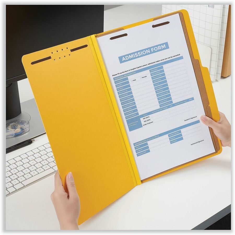 Universal 2/5 Tab Cut Legal Classification Folder - 8 1/2" x 14" - 2" Expansion - 6 Fastener(s) - 2" Fastener Capacity - Top Tab Location - Right of Center Tab Position - 2 Divider(s) - Yellow - 10 Box