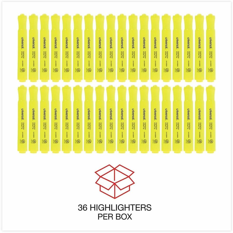 Universal Highlighter - Chisel Marker Point - Fluorescent Yellow Ink - Yellow Round, Tank Barrel - 36 / Pack