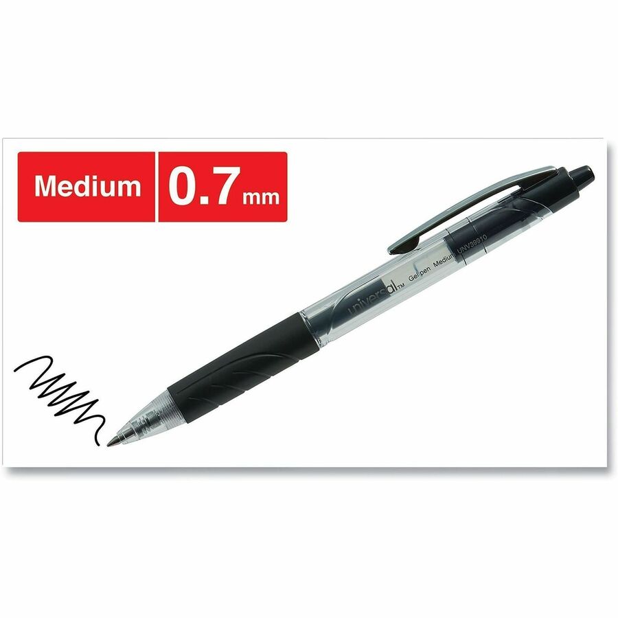 Universal Comfort Grip Gel Pen - 0.7 mm Medium Conical Pen Point - Retractable - Black Ink - Water Based - Clear, Black Barrel - 36 / Pack