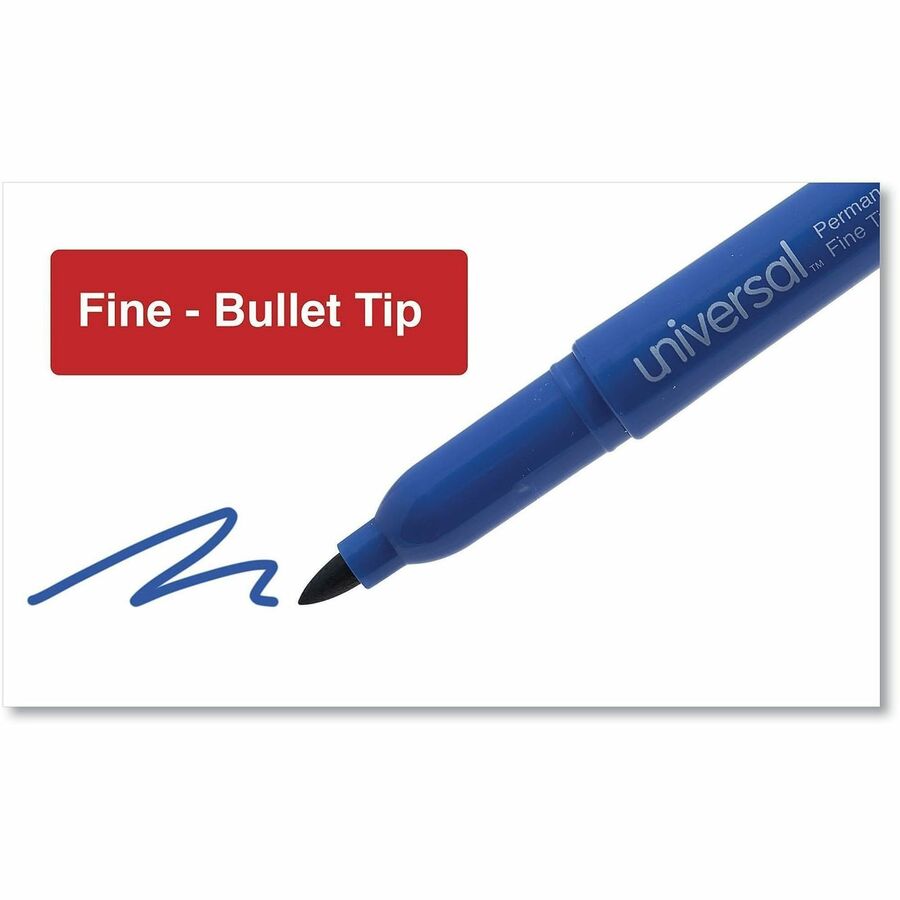Universal Pen-Style Permanent Marker, Fine Bullet Tip, Blue, Dozen - Fine Bullet Marker Point - Blue Ink - General Purpose - 1 Dozen