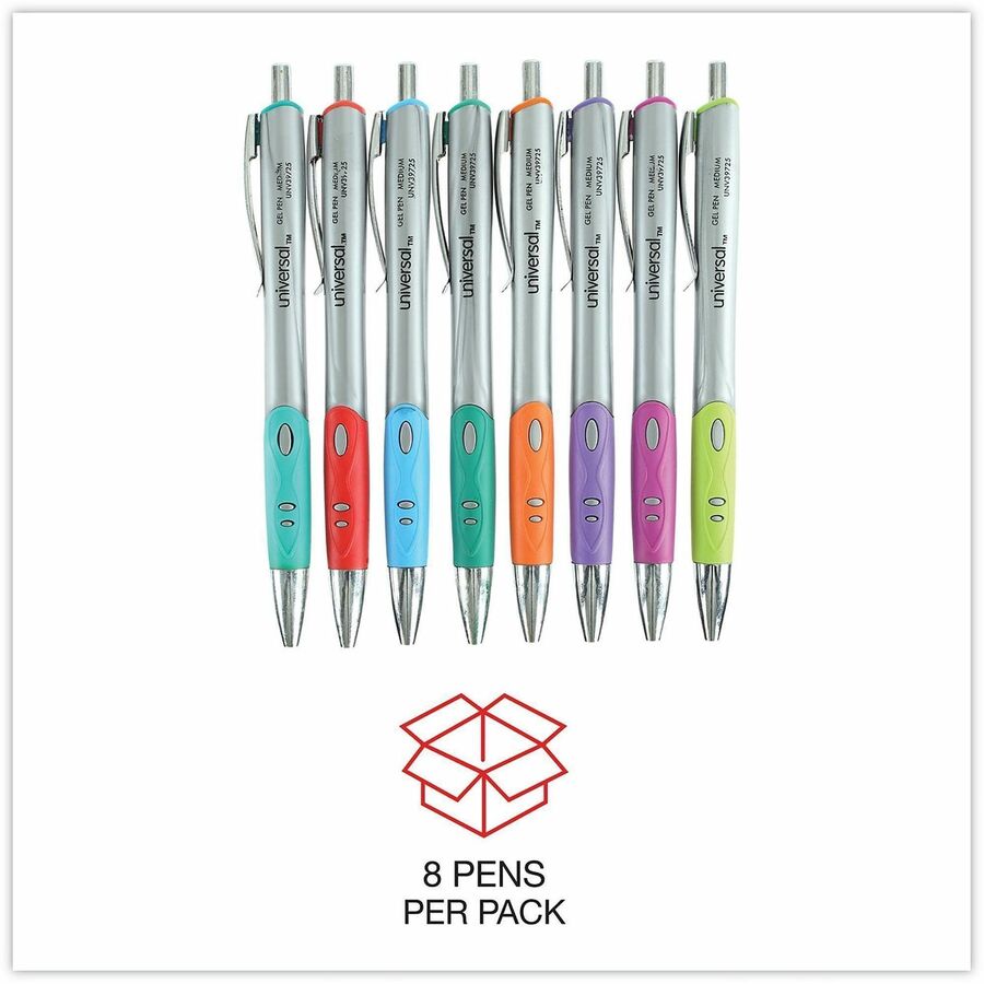 Universal Comfort Grip Gel Pen - 0.7 mm Medium Conical Pen Point - Retractable - Assorted Ink - Water Based - Assorted Barrel - 8 / Pack