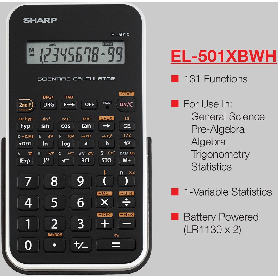 Sharp EL-501X2BWH Scientific Calculator - 146 Functions - Battery Powered, Large LCD, Durable, Hard Case - 1 Line(s) - 10 Digits - LCD - Battery Powered - 2 - LR1130 - 5.1" x 3.1" x 0.5" - Black, White - 1 Each