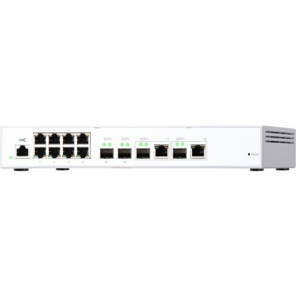 QNAP (QSW-M408-2C) 12-port layer 2 managed switch. Eight 1GbE ports, two 10G SFP+ ports and two 10G SFP+/ NBASE-T combo ports. Easy management with web browser.