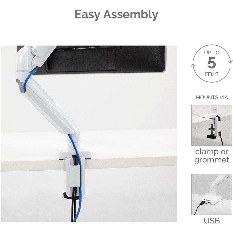 Fellowes Platinum Mounting Arm for Monitor - White - 1 Display(s) Supported - 32" Screen Support - 17.60 lb Load Capacity - 1 Each