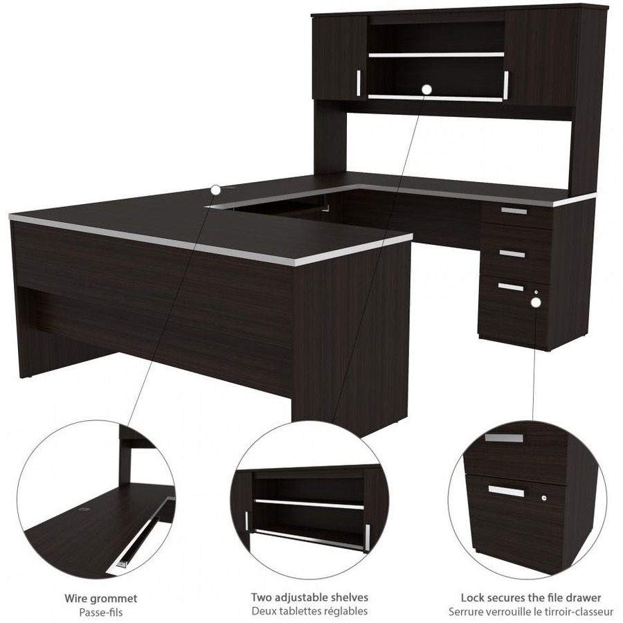 BeStar Ridgeley U-Shaped Workstation - U-shaped Top - 3 Drawers x 1" Table Top Thickness - 65" Height x 93.6" Width x 65.9" Depth - Chocolate, Black - Workstations/Computer Desks - BEX5241479