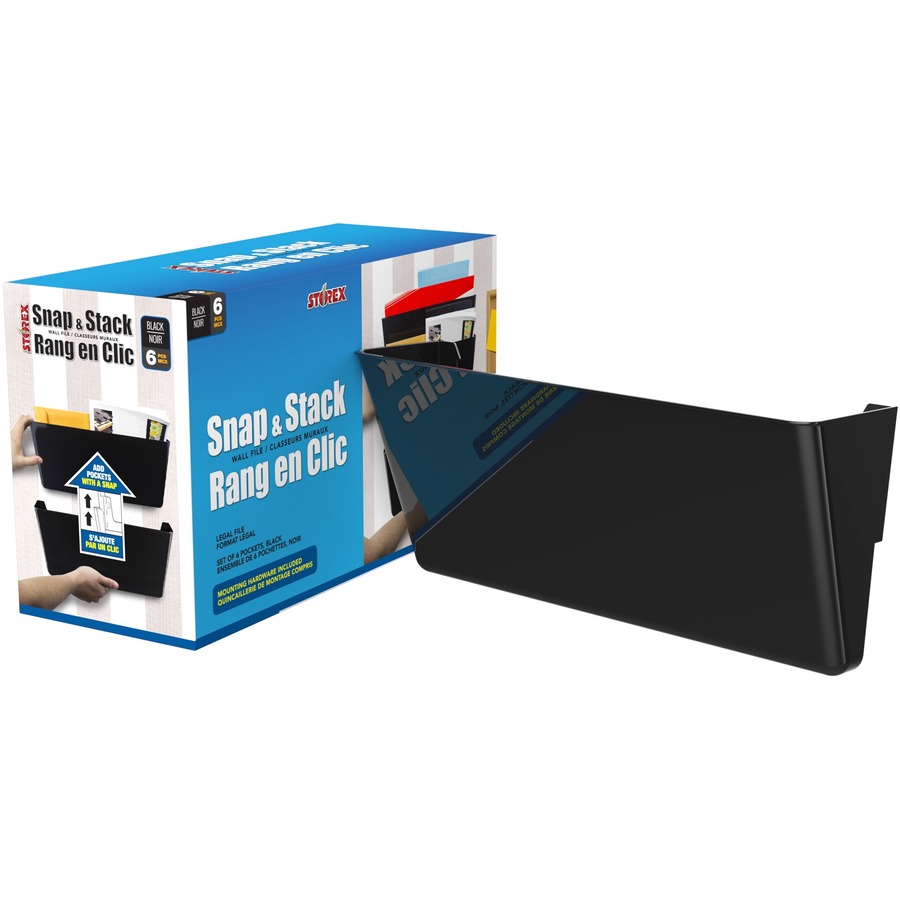 Storex Snap and Stack Wall Pockets Files, Legal - 7" Height x 4" Width x 16" Depth - Black - Poly - Set of 6 Files = STX70217B04C