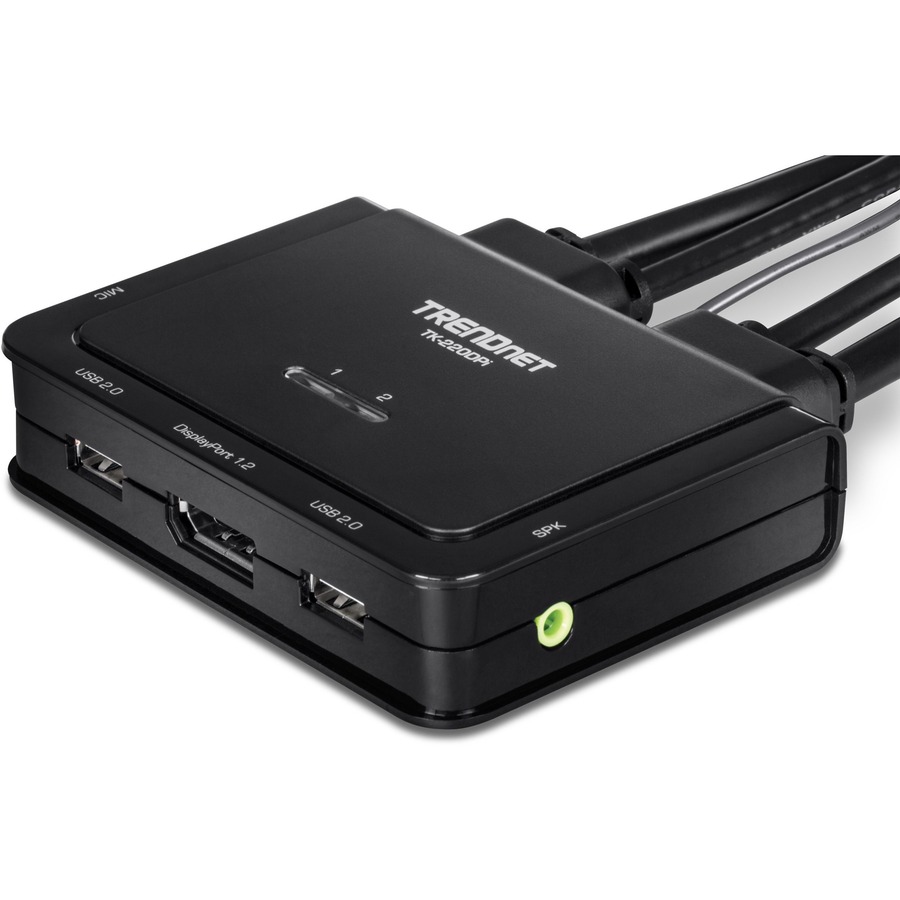 TRENDnet 2-Port 4K DisplayPort 1.2 KVM Switch with Audio, 4K UHD (3840 x 2160@60Hz), 3.5mm Speaker/Microphone, USB 2.0, Integrated Cables, Black, TK-220DPI