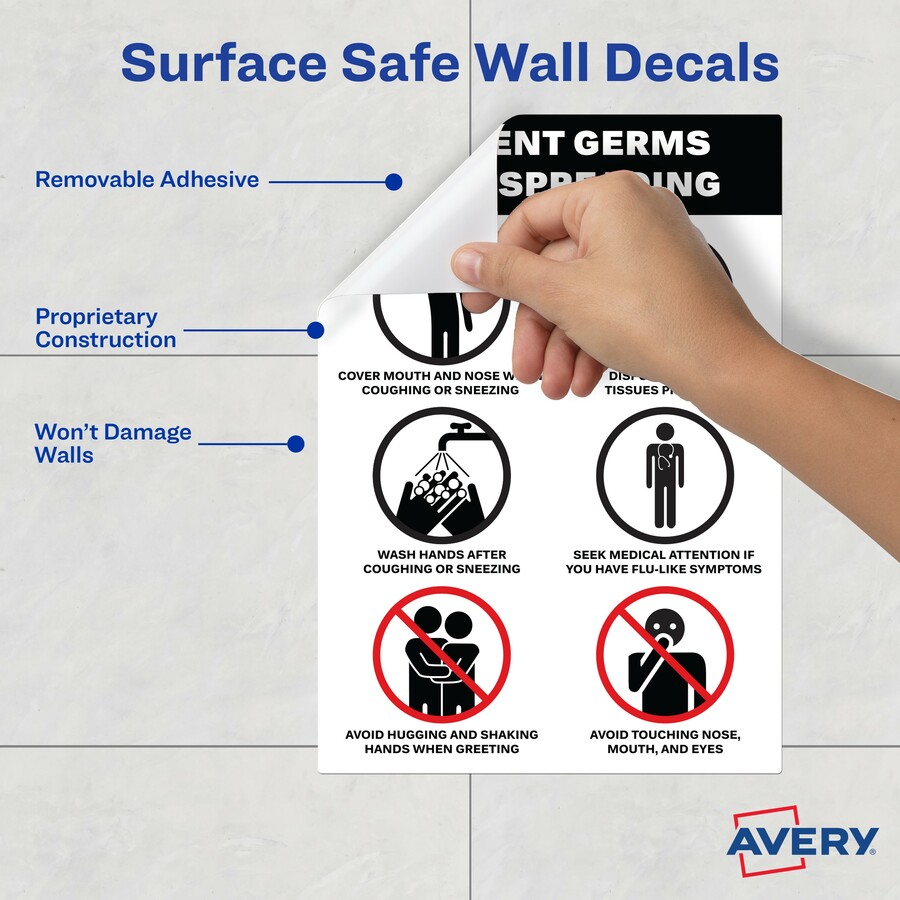 Avery® Surface Safe PREVENT GERMS Wall Decals - 5 / Pack - Prevents Germs from Spreading Print/Message - 7" Width x 10" Height - Rectangular Shape - Water Resistant, Pre-printed, Chemical Resistant, Abrasion Resistant, Tear Resistant, Durable, UV Resi