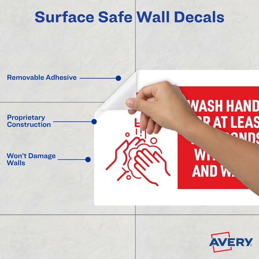 Avery® Surface Safe NOTICE WASH HANDS Wall Decals - 5 / Pack - Wash Hands for at Least 20 Seconds Print/Message - 7" Width x 10" Height - Rectangular Shape - Water Resistant, Pre-printed, Chemical Resistant, Abrasion Resistant, Tear Resistant, Durable