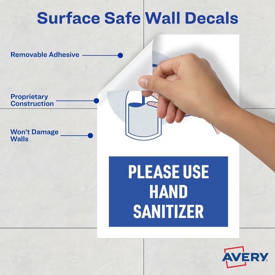 Avery® Surface Safe USE HAND SANITIZER Wall Decals - 5 / Pack - Please Use Hand Sanitizer Print/Message - 7" Width x 10" Height - Rectangular Shape - Water Resistant, Pre-printed, Chemical Resistant, Abrasion Resistant, Tear Resistant, Durable, UV Res