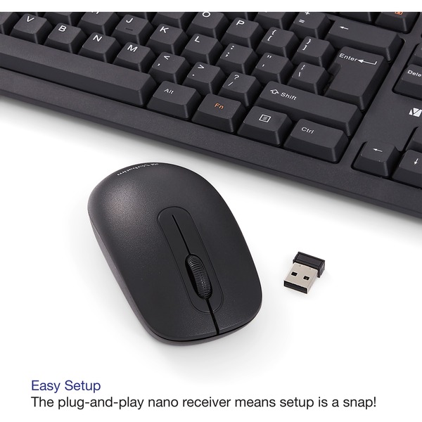 Cut the cord with the Verbatim Wireless Keyboard and Mouse. This combo offers 2.4Ghz wireless communication, so there are no delays in what you type and what you see onscreen. The included nano receiver is small enough to plug in once and stay connected.