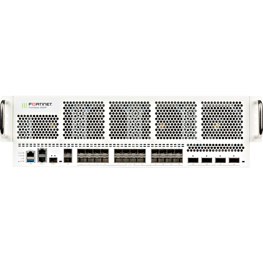 Fortinet FortiGate 6501F-DC chassis firewall with 40/100GE QSFP28 and 1/10/25GE SFP28 slots — alternate view 3