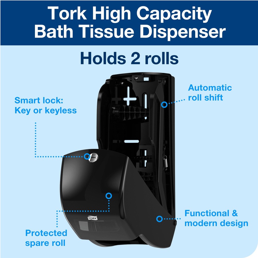 Tork Twin Toilet Paper Roll Dispenser Black T26 - Tork Twin Toilet Paper Roll Dispenser Black T26, High Capacity, Elevation Range, 6.5" x 6.3" x 14.2" , 555628