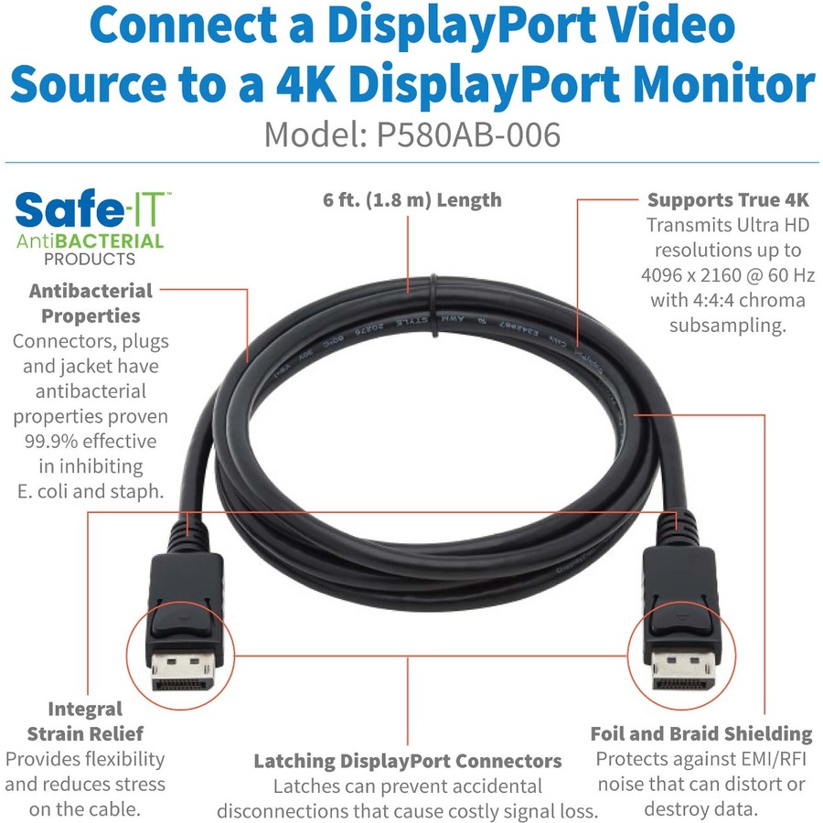 Tripp Lite by Eaton Safe-IT High-Speed DisplayPort Antibacterial Cable with Latching Connectors (M/M) UHD 4K 60 Hz 6 ft. (1.83 m)