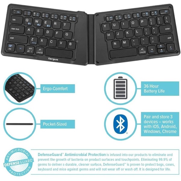 Targus AKF003US - Foldable Ergonomic Keyboard w/Antimicrobial DefenseGuard (Black)