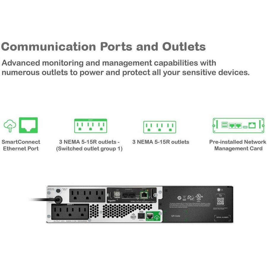 APC Smart-UPS, Line Interactive, 1000VA, Lithium-ion, Rackmount 2U, 120V, 6x NEMA 5-15R outlets, SmartConnect Port+Network Card, Short Depth, AVR