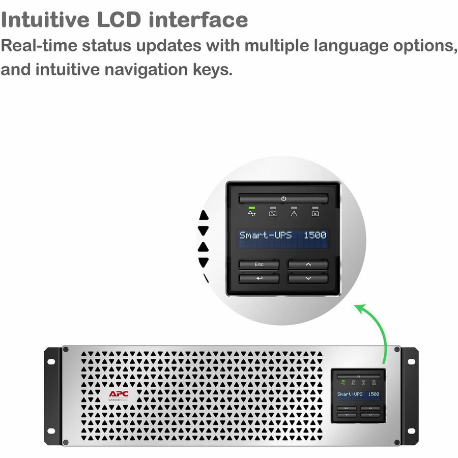 APC Smart-UPS, Line Interactive, 1500VA, Lithium-ion, Rackmount 3U, 120V, 6x NEMA 5-15R outlets, SmartConnect Port+Network Card, Short Depth, AVR, LCD