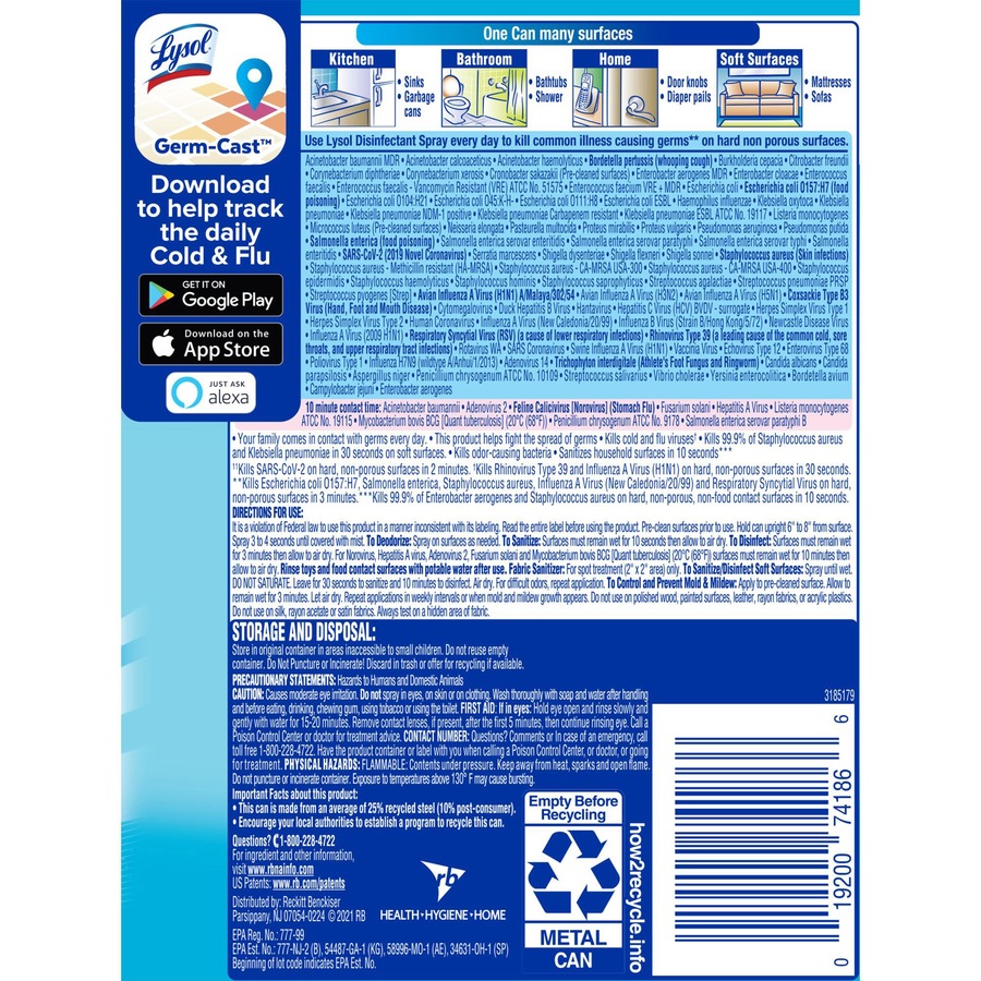 Lysol Crisp Linen Disinfectant Spray - 12.50 oz (0.78 lb) - Crisp Linen Scent - 12 / Carton - Clear