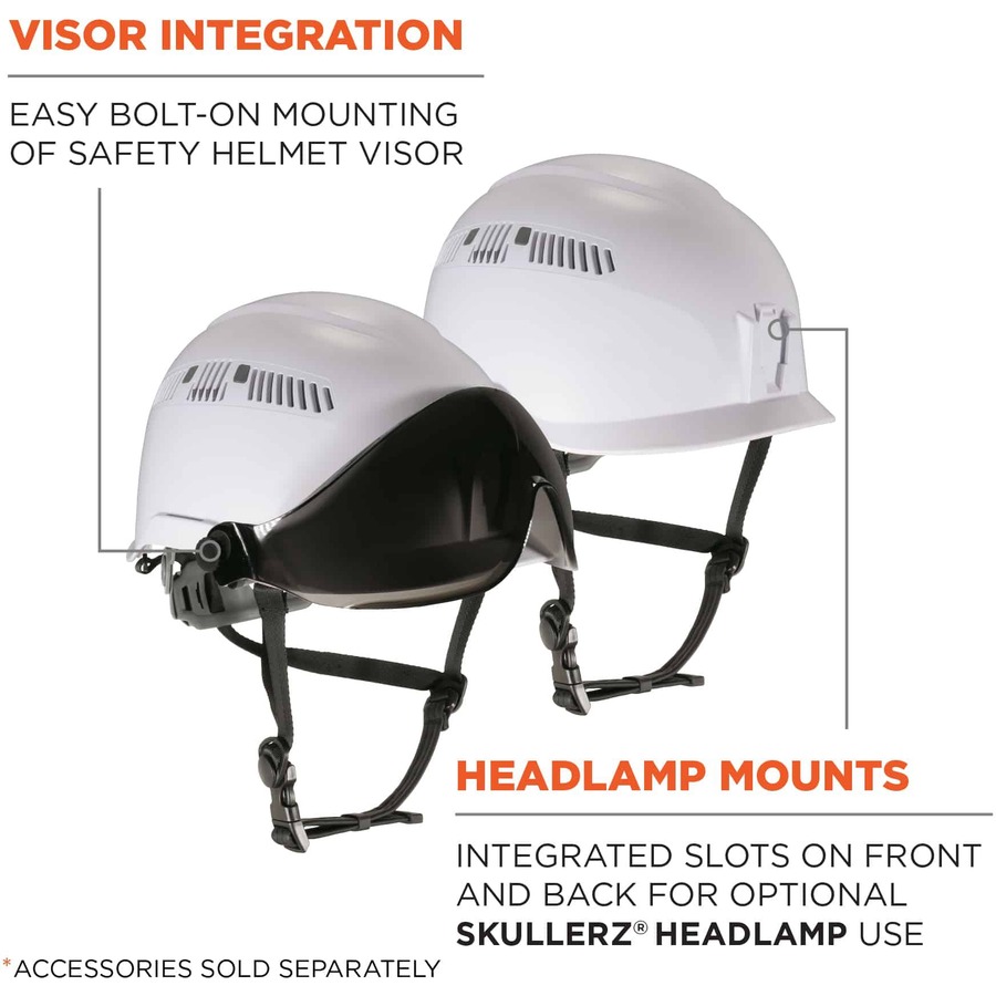 Skullerz 8975 Class C Safety Helmet - Recommended for: Construction, Utility, Oil & Gas, Forestry, Mining, General Purpose, Climbing - Impact, Odor, Eye, Overhead Falling Objects, Head Protection - White - Comfortable, Breathable, Machine Washable, Flexib