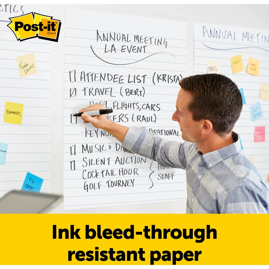 Post-it® Easel Pad - 30 Sheets - Ruled25" x 30" - Self-stick, Resist Bleed-through, Handle, Sturdy Backcard, Universal Slot, Repositionable, Adhesive Backing - 6 / Carton