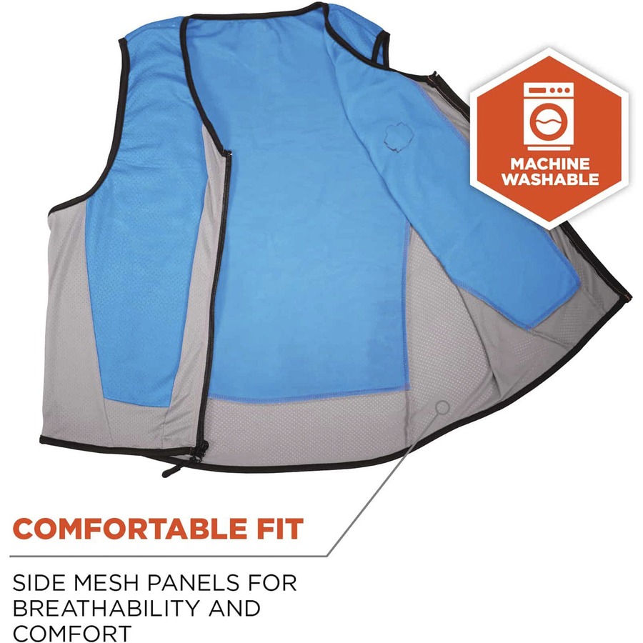 Ergodyne 6667 Wet Evaporative Cooling Vest - PVA - Recommended for: Construction, Landscaping, Sport, Roofing, Gardening, Hiking - Large Size - Zipper Closure - Polyvinyl Alcohol (PVA), Polyvinyl Alcohol (PVA) - Blue - Machine Washable, Breathable, Moistu