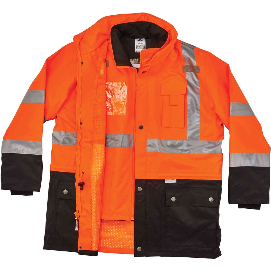 Ergodyne 8388 Type R Class 3/2 Thermal Jacket Kit - 5-Xtra Large Size - Dirt Protection - Zipper Closure - Polyurethane, 300D Oxford Polyester, Thinsulate - Orange - Breathable, Pocket, Front Pocket, Reflective, Mic Tab, Weather Proof, Inset Hood, Cell Ph