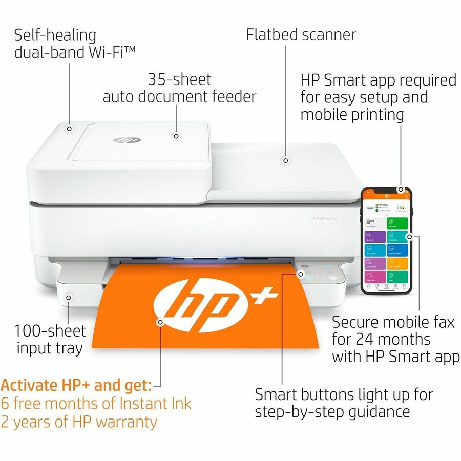 HP Envy 6455e Wireless Inkjet Multifunction Printer - Color - White - Copier/Mobile Fax/Printer/Scanner - 1200 x 1200 dpi Print - Automatic Duplex Print - Up to 1000 Pages Monthly - 100 sheets Input - Color Flatbed Scanner - 1200 dpi Optical Scan - Color 