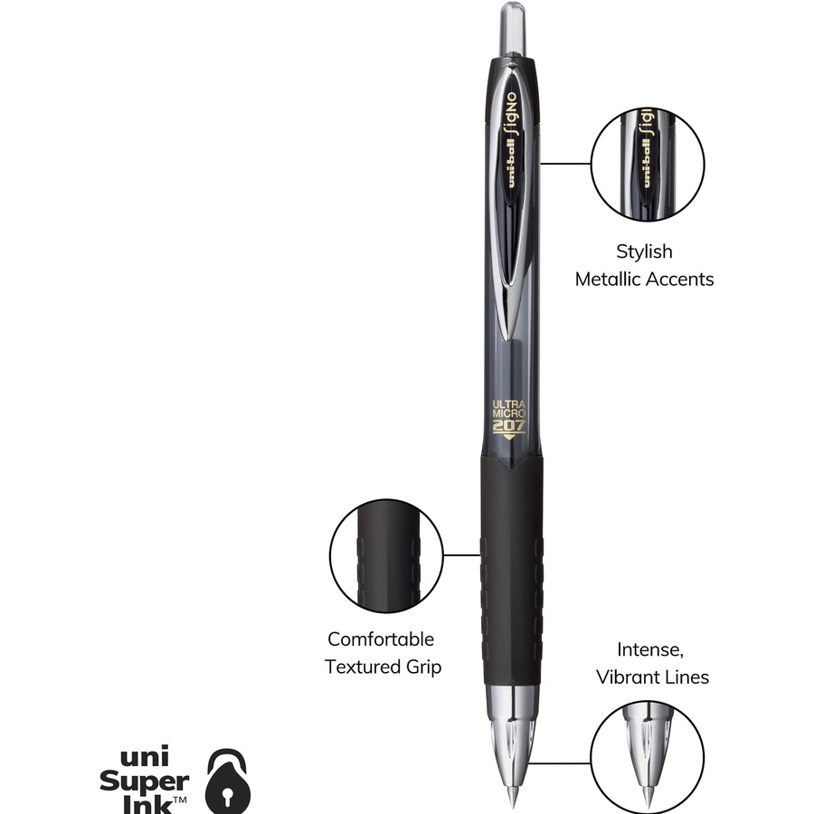 uniball™ 207 Gel Pen - Ultra Micro Pen Point - Conical Pen Point Style - Refillable - Retractable - Black Gel-based, Pigment-based Ink - Plastic Barrel - Tungsten Carbide, Stainless Steel Tip - 4 / Pack