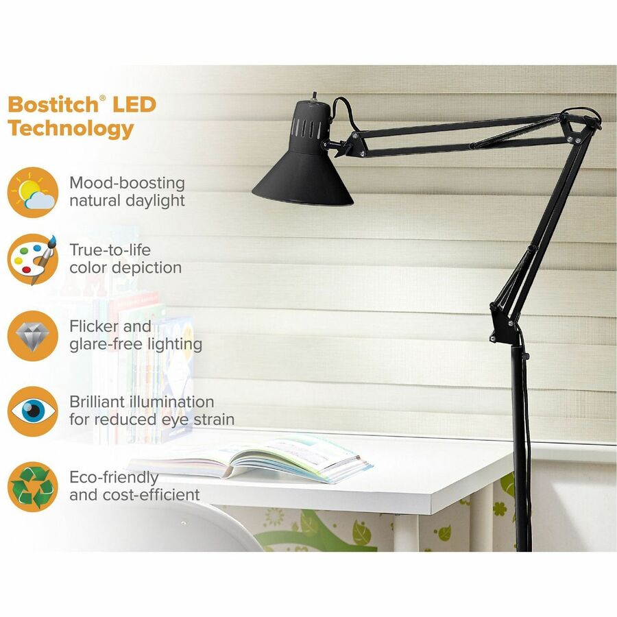 Bostitch Swing Arm Floor Lamp, Black - 72" Height - 9 W LED Bulb - Swivel Arm, Weighted Base, Glare-free Light, Flicker-free, Adjustable Arm, Durable, Eco-friendly - 700 lm Lumens - Metal - Floor-mountable - Black - for Office, Workspace, Lounge, Home, Ro