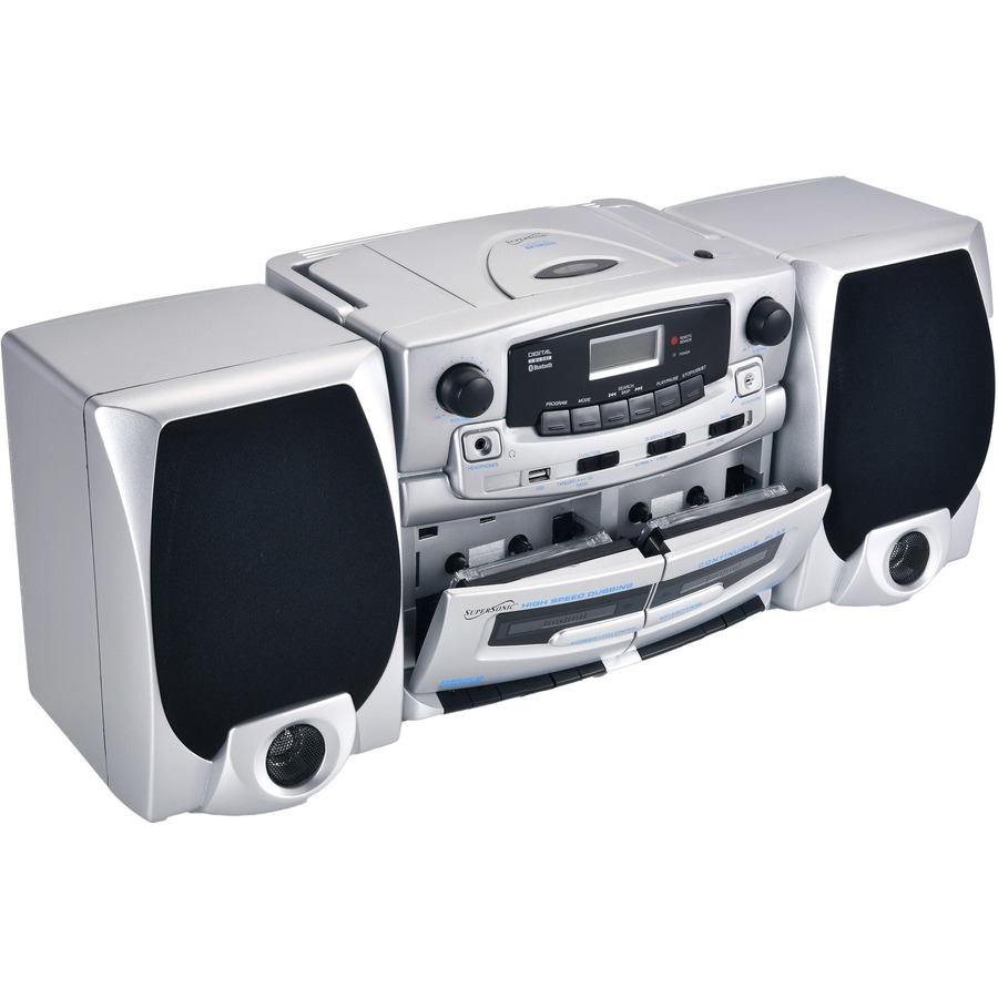 SUPERSONIC SC-2121BT Bluetooth audio system with CD player, cassette deck, AM/FM radio, USB input, and detachable speakers — alternate view 3