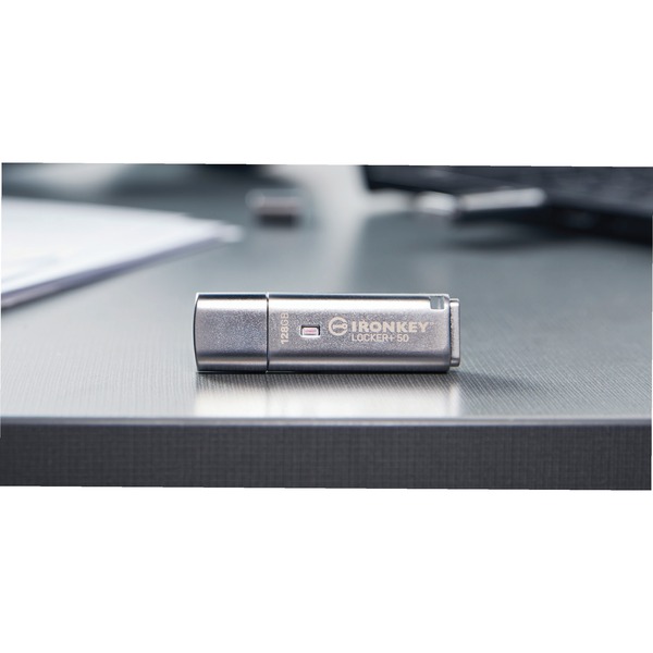 Kingston IronKey Locker+ 50 USB Flash Drive - 128 GB - USB 3.2 (Gen 1) Type A - 145 MB/s Read Speed - 115 MB/s Write Speed - Silver - XTS-AES, 256-bit AES - 5 Year Warranty - TAA Compliant