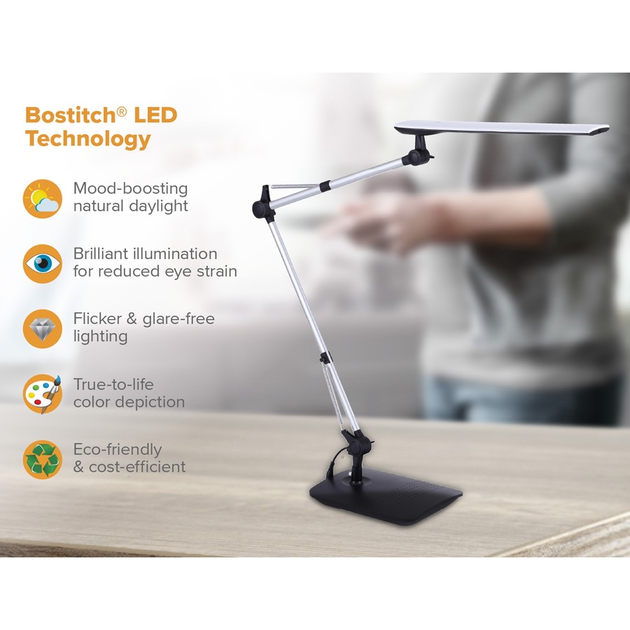 Bostitch Dual Swing Arm Desk Lamp, Black - 5.30 W LED Bulb - Adjustable, Color Temperature Setting, Dimmable, Adjustable Brightness, Rotating Base, Adjustable Head, Foldable, Flicker-free, Glare-free Light, Touch Sensitive Control Panel - 580 lm Lumens - 