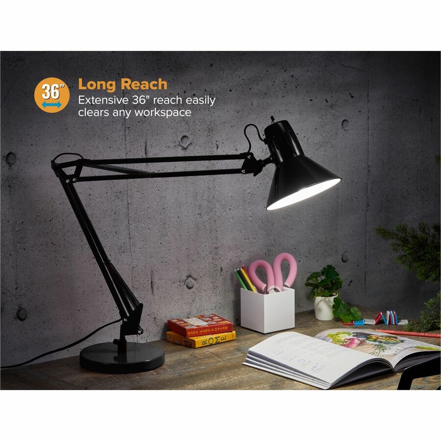 Bostitch Swing Arm Desk Lamp with Weighted Base, Black - LED Bulb - Swivel Arm, Weighted Base, Glare-free Light, Flicker-free, Adjustable Arm, Durable, Flexible Arm, Eco-friendly - Metal - Desk Mountable, Table Top - Black - for Desk, Table, Office, Home,