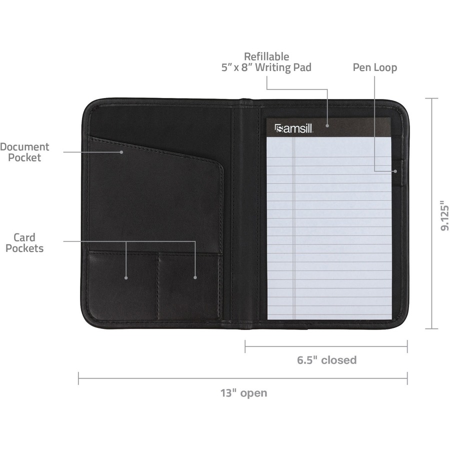 Samsill Pad Folio - 4 Internal Pocket(s) - Synthetic Leather, Polyvinyl Chloride (PVC) - Black - Padded, Stitched, Pen Loop, Notepad, Document Pocket, Business Card Holder, Refillable - 0% Recycled - 1 Each