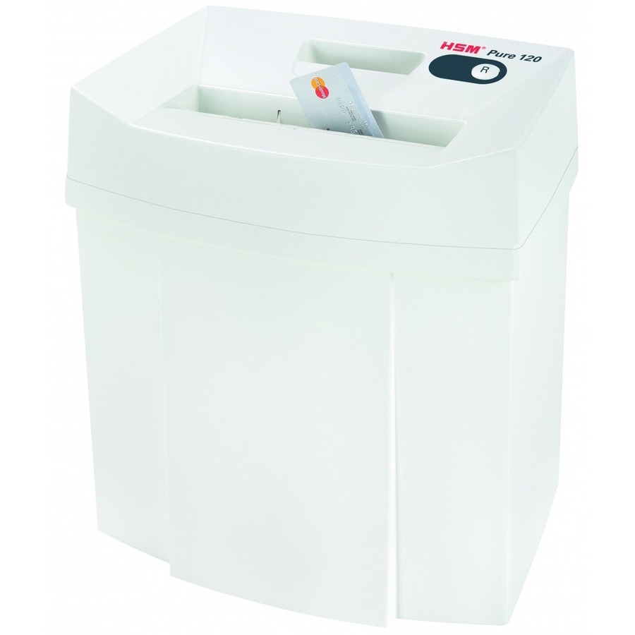 HSM Pure 120 - 1/8" - Strip Cut - 12 Per Pass - for shredding Staples, Paper, Paper Clip, Credit Card - 0.125" Shred Size - P-2/T-2/E-2 - 8.86" Throat - 5.30 gal Wastebin Capacity - White