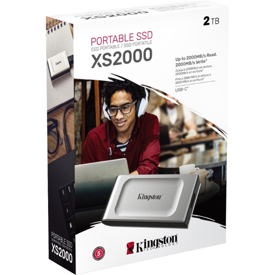 Kingston XS2000 2 TB Portable Solid State Drive - External - Gray - USB 3.2 (Gen 2) Type C - 300 TB TBW - 2000 MB/s Maximum Read Transfer Rate - 5 Year Warranty - 1 Pack = KIN831318
