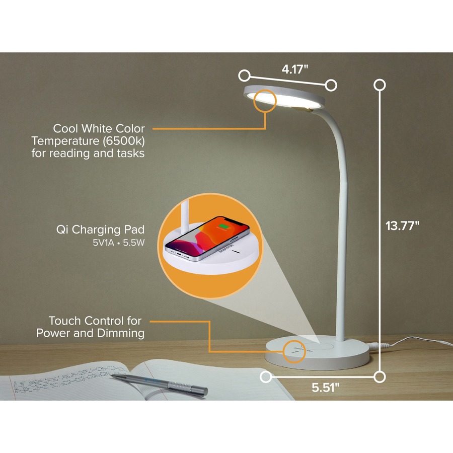 Bostitch Qi Wireless Charging LED Desk Lamp White - LED Bulb - Adjustable Brightness, Flexible, Touch Sensitive Control Panel, Dimmable, Glare-free Light, Flicker-free, Adjustable Head, Qi Wireless Charging - Desk Mountable - White - for Home, Smartphone,