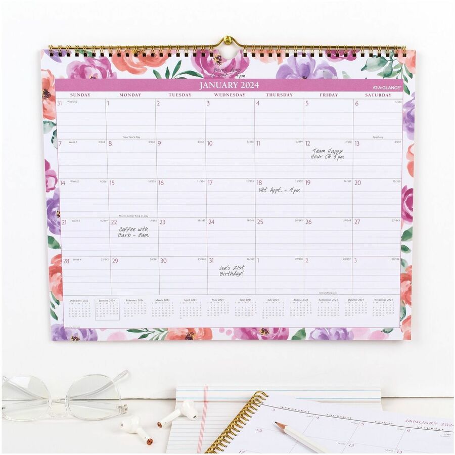 At-A-Glance Badge Monthly Wall Calendar - Medium Size - Monthly - 12 Month - January 2024 - December 2024 - 1 Month, 1 Week Single Page Layout - 15" x 12" Sheet Size - Twin Wire - Wall Mount - Multi - Paper - Bleed Resistant, Dated Planning Page, Daily Bl