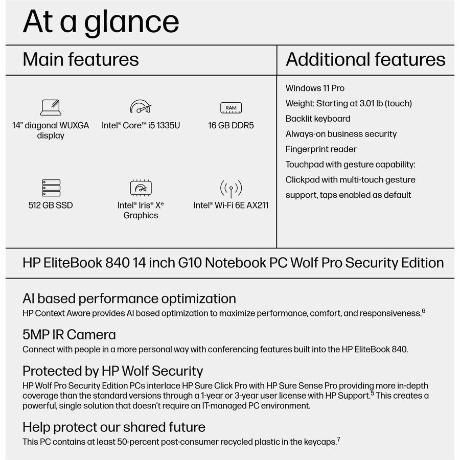 HP EliteBook 840 G10 14" Notebook - WUXGA - Intel Core i5 13th Gen i5-1335U - 16 GB - 512 GB SSD - English Keyboard