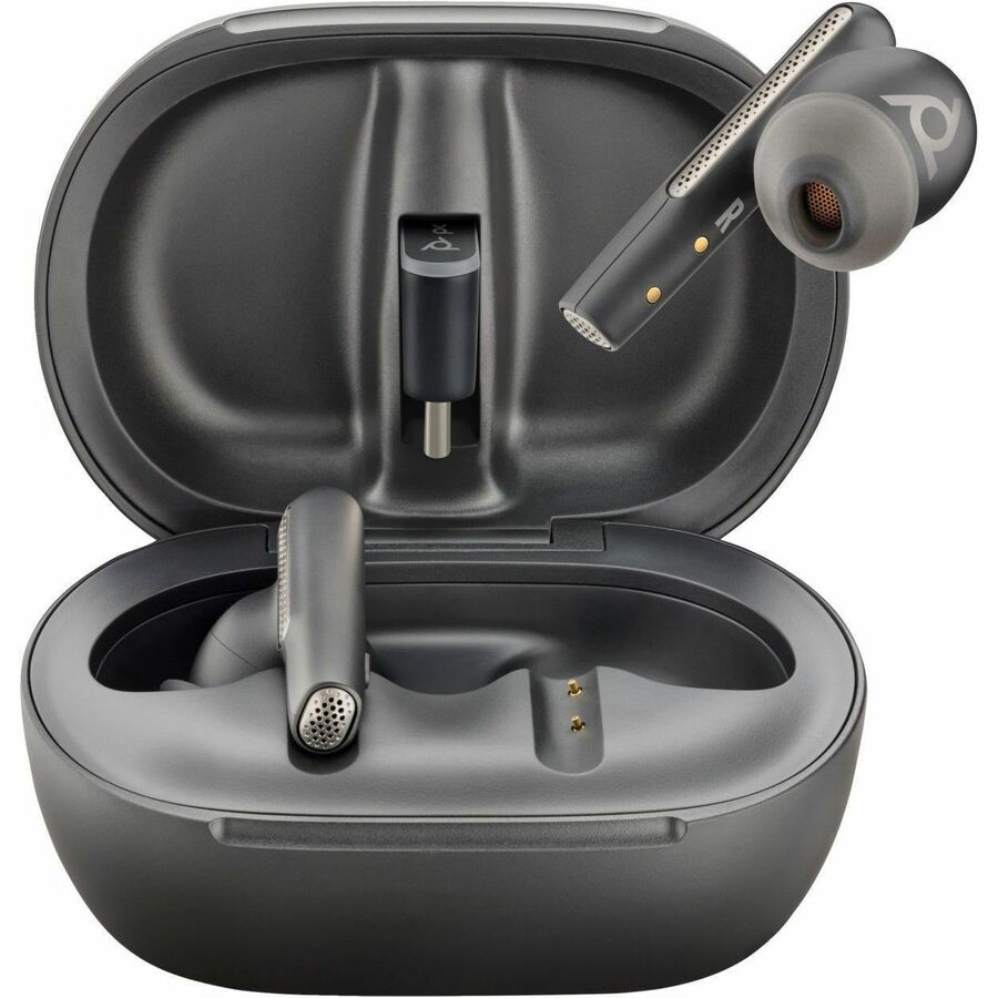 Poly Voyager Free 60+ UC carbon black true wireless earbuds with BT700 USB-C adapter and touchscreen charge case — alternate view 3