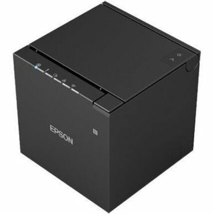 M30III - sleek 3"" thermal receipt printer; small size that supports both    front and top paper exits. Built in USB-A, USB-B, USB-C and ethernet interfaces.  Connect up to two USB POS peripherals;  sync and charge feature can deliver up to 18 W of power to a mobile device.  Server Direct Print available to retrieve print jobs directly from the cloud. IPX2-rated enclousure is water resistant; antimicrobial and easy to clean.   Black.  Includes power supply PS190 with AC cable, starter receipt paper roll, setup guide, 58mm roll paper guide.  2 year limited warranty. — alternate view 3