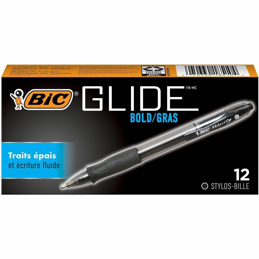BIC Glide Bold Ball Pen - Bold Pen Point - 1.6 mm Pen Point Size - Conical Pen Point Style - Refillable - Retractable - Black - Black Barrel - 1 / Dozen = BICVLGB11BK