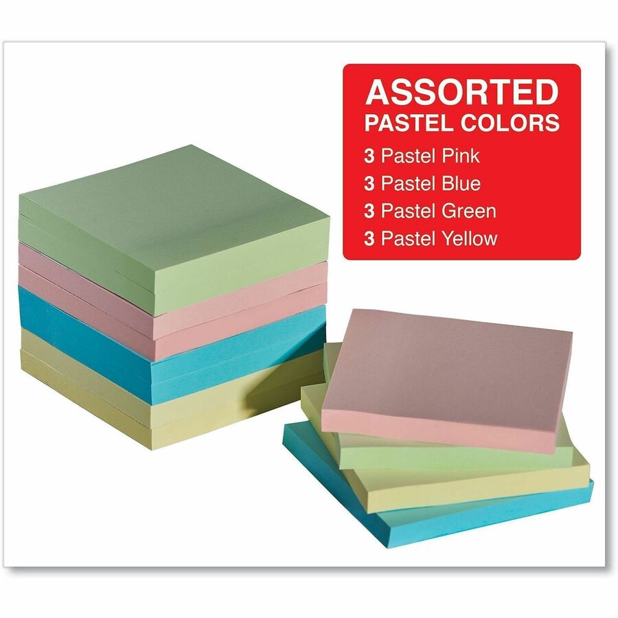 Universal Standard Self-Stick Pads - 1200 x Assorted Pastel - Square - 100 Sheets per Pad - Unruled - Assorted Pastel - Self-stick, Residue-free, Repositionable - 12 / Pack